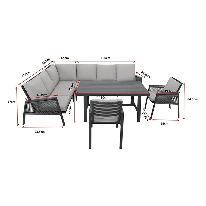 Sunfun Conjunto de muebles Moira - 4 pzs., Aluminio/Cuerda sintética, Antracita - Vista detallada de un conjunto de muebles de jardín con dimensiones, que incluye un sofá, mesa y sillas con un diseño moderno.
