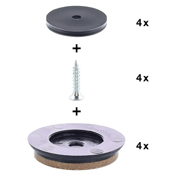 Wagner System Möbelgleiter-Set - Durchmesser: 40 mm, Rund, Schwarz, 4 Stk. - Bild einer Möbelgleiter-Befestigung: Eine Scheibe, eine Schraube und ein Filzgleiter, jeweils vierfach.