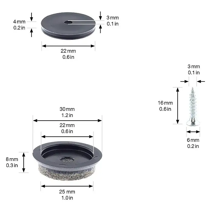 Wagner System Möbelgleiter-Set Ultra Soft - Durchmesser: 30 mm, Rund, 4 Stk. - Abmessungen von Filzgleitern mit Schrauben.