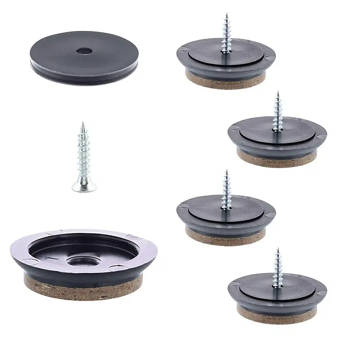 Wagner System Möbelgleiter-Set - Durchmesser: 30 mm, Rund, Schwarz, 4 Stk. - Nahaufnahme von Möbelgleitern mit Schrauben zur Befestigung an Möbelbeinen zum Schutz von Böden.