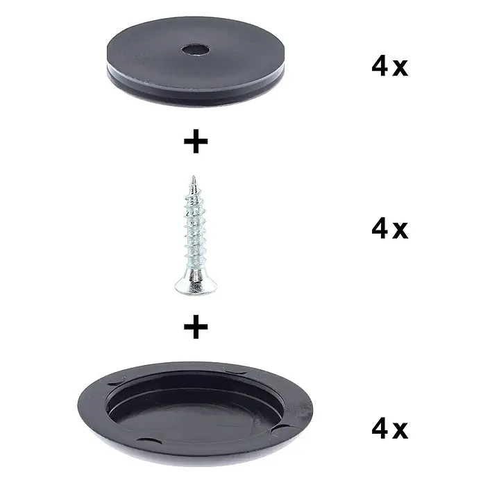 Wagner System Möbelgleiter - Durchmesser: 30 mm, Schrauben - Produktbild: Ein Set aus einer schwarzen Scheibe, einer Schraube und einer vertieften schwarzen Scheibe, jeweils in vierfacher Ausführung.