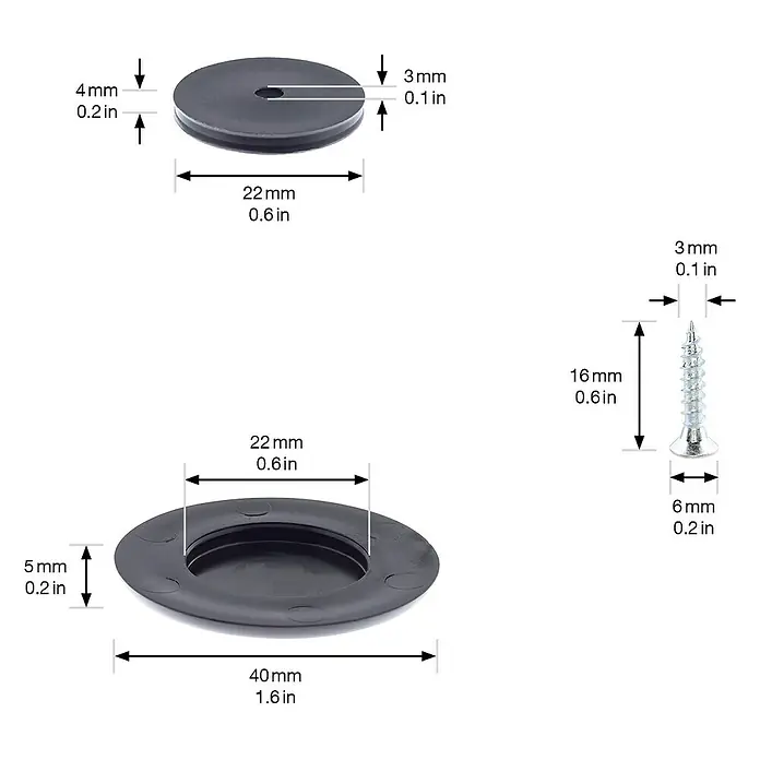 Wagner System Möbelgleiter - Durchmesser: 40 mm, Schrauben - Abbildung der Abmessungen eines schwarzen Gleiters mit Schraube.