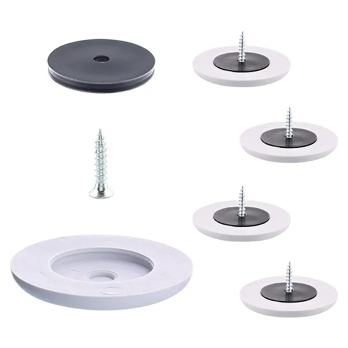 Wagner System Möbelgleiter-Set - Durchmesser: 40 mm, Rund, 4 Stk. - Bild von weißen und schwarzen Dichtscheiben mit Schrauben, die zur Befestigung und Abdichtung verwendet werden.