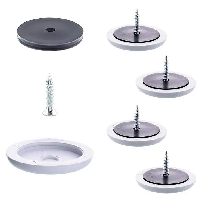 Wagner System Möbelgleiter-Set - Durchmesser: 30 mm, Rund, 4 Stk. - Nahaufnahme von WC-Sitzbefestigungen, inklusive Schrauben, Abdeckungen und Unterlegscheiben, zur sicheren Installation.