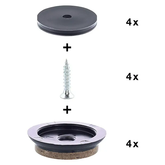 Wagner System Möbelgleiter-Set - Durchmesser: 30 mm, Rund, Schwarz, 4 Stk. - Produktbild von Möbelgleitern mit Schrauben. Dieses Set beinhaltet Filzgleiter mit Schrauben für den Möbelbodenschutz.