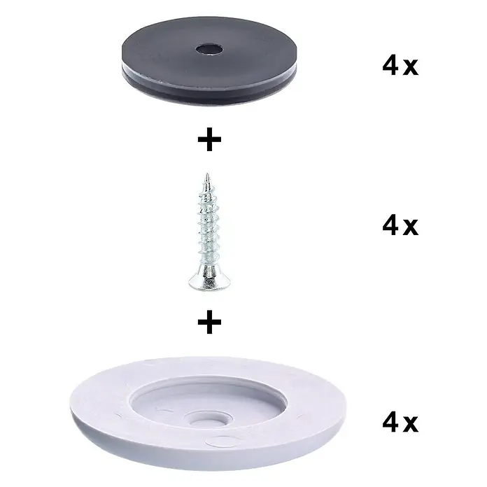 Wagner System Möbelgleiter-Set - Durchmesser: 40 mm, Rund, 4 Stk. - Einzelteile für eine Toilettenbrillenbefestigung, bestehend aus Schrauben, einer schwarzen und einer weißen Abdeckung, jeweils in Vierfacher Ausführung.