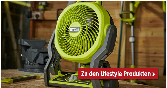 Ryobi Akku-Ventilator steht am Tisch
