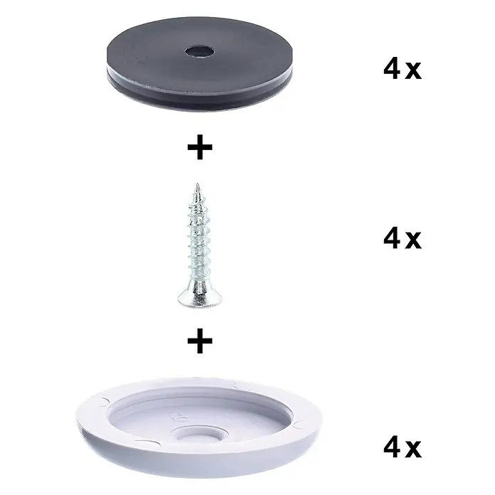 Wagner System Möbelgleiter-Set - Durchmesser: 30 mm, Rund, 4 Stk. - Bild einer Toilettensitzbefestigung bestehend aus Schraube, Gummi- und Kunststoffscheiben, vierfach dargestellt.