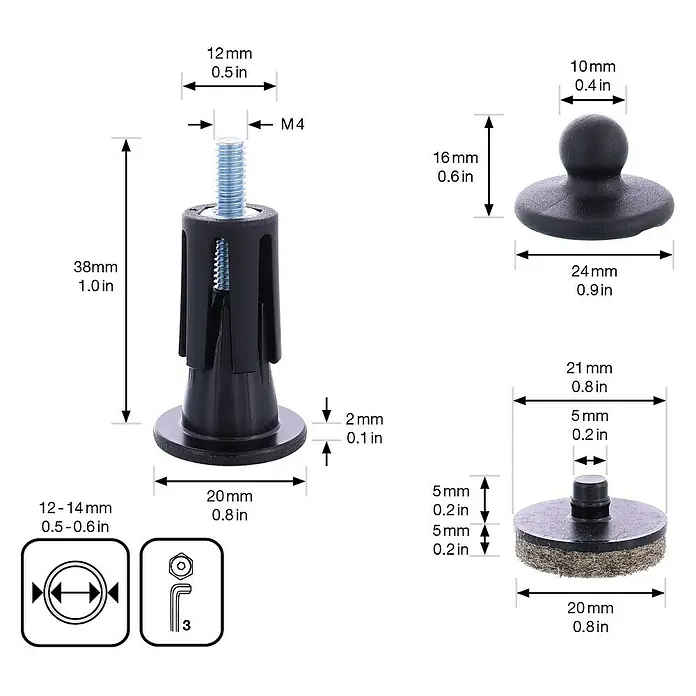 Wagner System Möbelgleiter-Set QuickClick - L x B x H: 38 x 20 x 38 mm, Schwarz, 4 Stk. - Abbildung von Möbelgleitern mit Gewinde und Filzgleiter, inklusive Maßangaben für diverse Größen und Durchmesser.