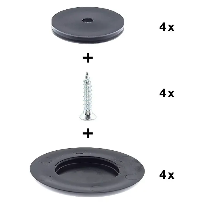 Wagner System Möbelgleiter - Durchmesser: 40 mm, Schrauben - Bild einer Schubladenmuschel mit Schraube. Das Bild zeigt eine schwarze Schubladenmuschel mit einer Schraube und einer Abdeckung.