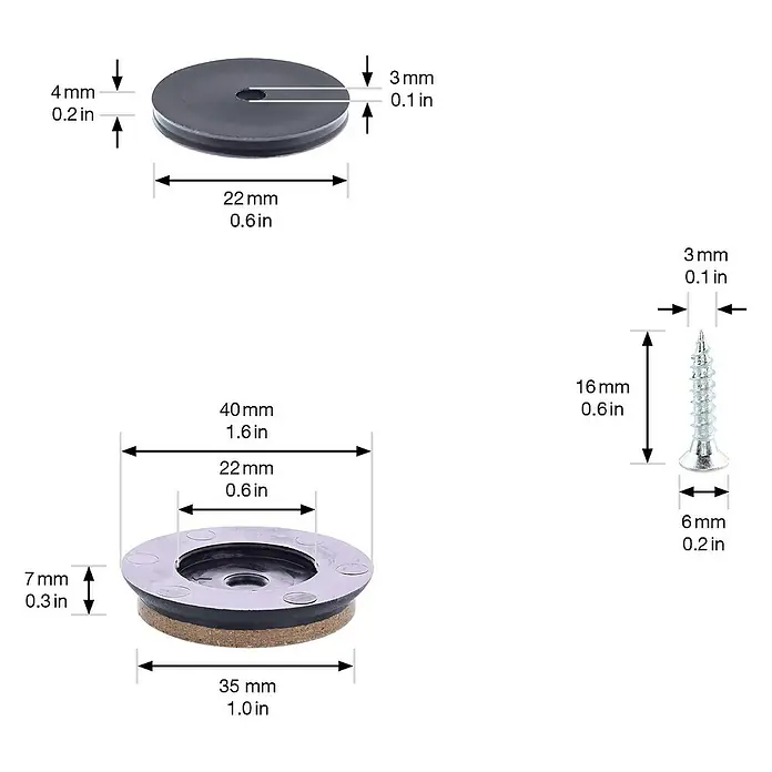 Wagner System Möbelgleiter-Set - Durchmesser: 40 mm, Rund, Schwarz, 4 Stk. - Eine Detailansicht eines Möbelgleiters und einer Schraube mit Maßangaben in Millimetern und Zoll.