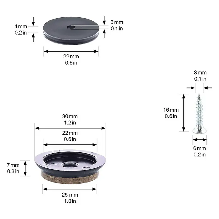 Wagner System Möbelgleiter-Set - Durchmesser: 30 mm, Rund, Schwarz, 4 Stk. - Eine detaillierte Darstellung von Möbelgleitern und einer Schraube mit genauen Maßangaben in Millimetern und Zoll.