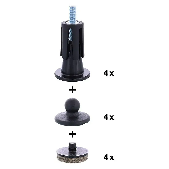 Wagner System Möbelgleiter-Set QuickClick - L x B x H: 38 x 20 x 38 mm, Schwarz, 4 Stk. - Bild eines Sets aus vier verstellbaren Möbelbeinen, vier Bodengleitern und vier Filzgleitern für Möbel.