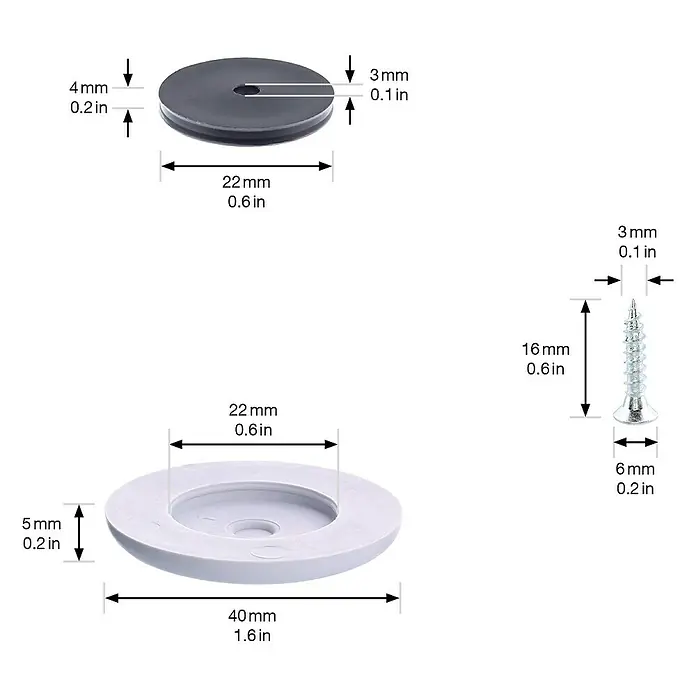 Wagner System Möbelgleiter-Set - Durchmesser: 40 mm, Rund, 4 Stk. - Eine Nahaufnahme von schwarzen und weißen Unterlegscheiben sowie einer Schraube mit Maßangaben.