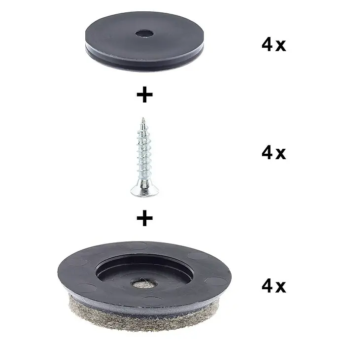 Wagner System Möbelgleiter-Set Ultra Soft - Durchmesser: 40 mm, Rund, 4 Stk. - Bild einer Packung Möbelgleiter mit Schrauben, bestehend aus Filzgleitern, Schrauben und Unterlegscheiben für einen einfachen Aufbau.