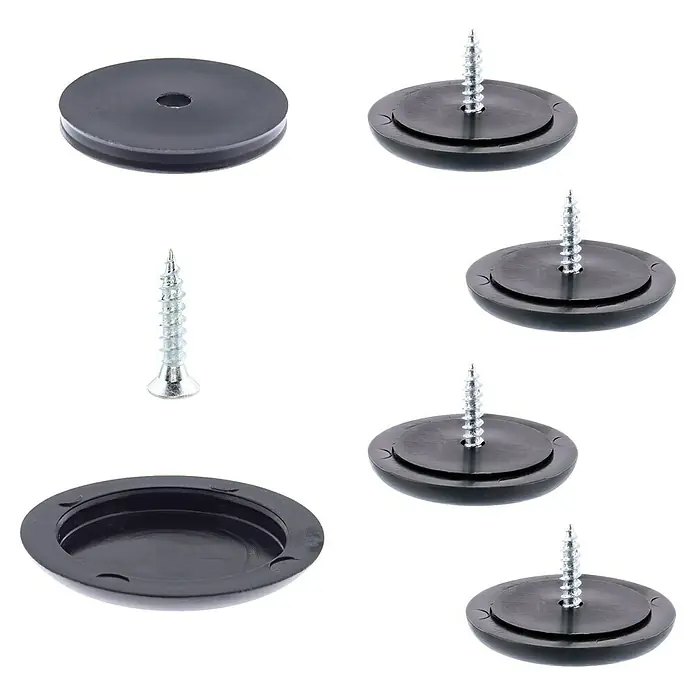 Wagner System Möbelgleiter - Durchmesser: 30 mm, Schrauben - Produktansicht von schwarzen Kunststoffabdeckungen und Schrauben, die für Möbelbeschläge oder Reparaturen verwendet werden.