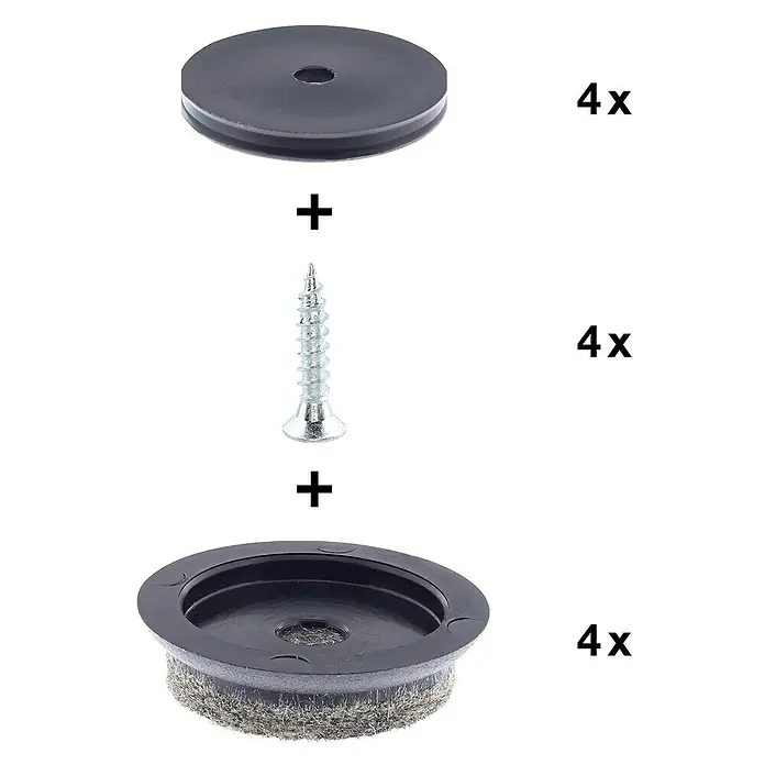 Wagner System Möbelgleiter-Set Ultra Soft - Durchmesser: 30 mm, Rund, 4 Stk. - Das Bild zeigt eine Packung mit vier Möbelgleitern, Schrauben und Unterlegscheiben. Perfekt zum Schutz von Böden vor Kratzern.