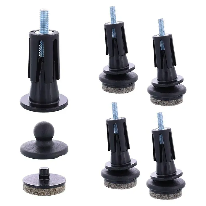Wagner System Möbelgleiter-Set QuickClick - L x B x H: 38 x 20 x 38 mm, Schwarz, 4 Stk. - Das Bild zeigt eine Nahaufnahme von schwarzen Möbelgleitern mit Schraubgewinde und Filzgleitfläche für den Einsatz auf verschiedenen Böden.