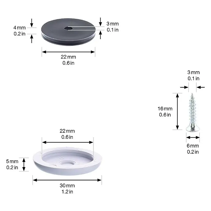 Wagner System Möbelgleiter-Set - Durchmesser: 30 mm, Rund, 4 Stk. - Abbildung eines schwarzen Pads, einer weißen Scheibe und einer Schraube mit Größenangaben.