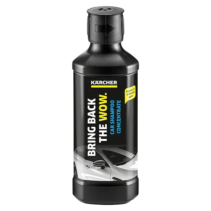 Kärcher Auto-Shampoo Konzentrat RM 562 - 500 ml - Produktfoto einer Flasche Kärcher Autoshampoo Konzentrat, das "Bring Back The Wow" verspricht, um die Autowäsche zu verbessern.