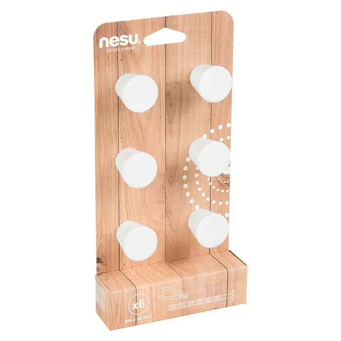Nesu Pomo para muebles 34721 6 uds. - 6 ud., Ø x Al: 25 x 25 mm, Acero - Un juego de seis pomos de muebles blancos de nesu. Los pomos están montados en una tabla de madera y vienen con tornillos.