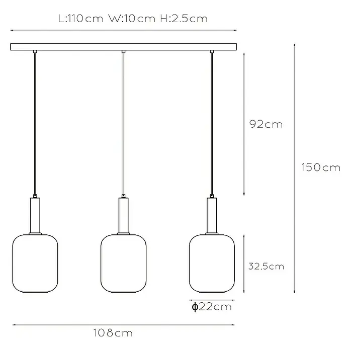 Lucide Pendelleuchte Joanet - 40 W, L x B x H: 110 x 22 x 150 cm, Rauchfarben, E27, Anzahl Leuchtmittel: 3 Stk. - Abbildung einer Hängelampe mit drei Lampenschirmen, die von einer horizontalen Stange hängen. Die Maße sind angegeben.