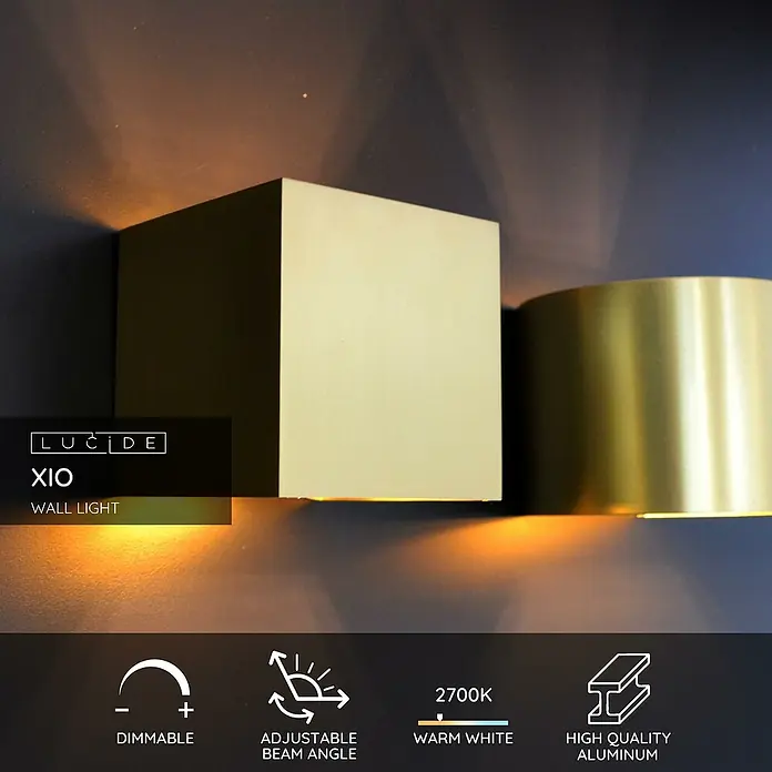 Lucide LED-Wandleuchte Xio - 3,5 W, L x B x H: 14 cm x 12 cm x 10,5 mm, Gold, Warmweiß - Nahaufnahme der Lucide XIO Wandleuchte mit quadratischem Design und warmweisser Beleuchtung, hergestellt aus hochwertigem Aluminium.
