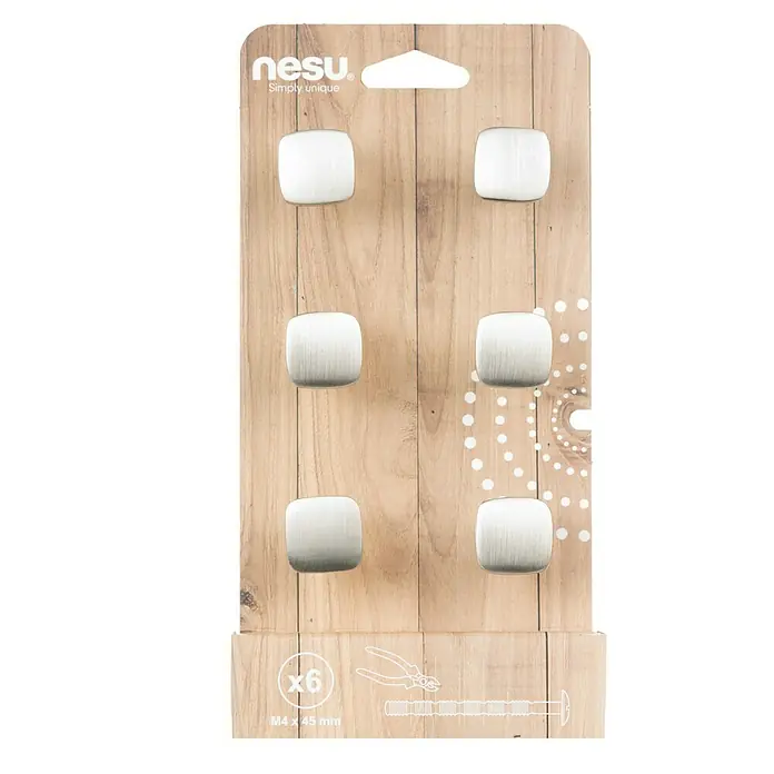 Nesu Tirador para muebles 31216 6 uds. - L x An x Al: 2,2 x 2,2 x 2,5 cm, Acero - Un paquete de seis pomos cuadrados para muebles de nesu 'Simply Unique' envasados en un cartón con estampado de madera, con tornillos.