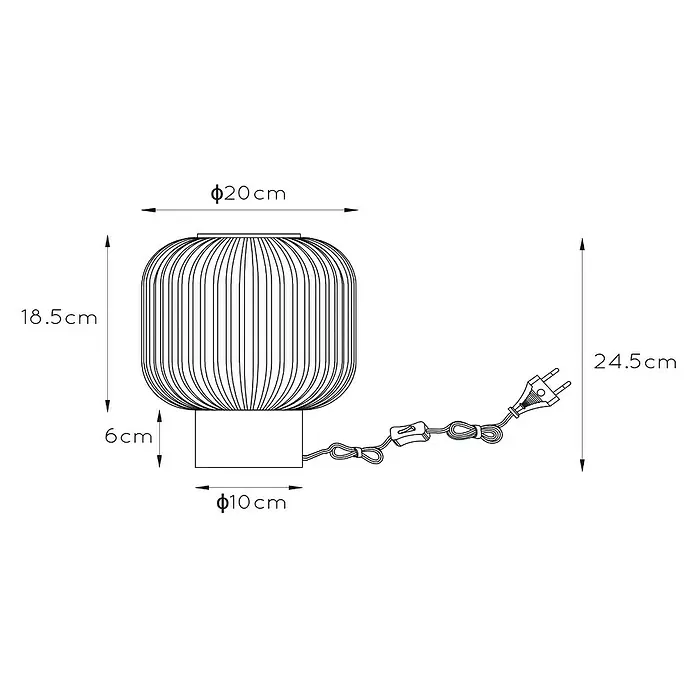 Lucide Maloto Tischleuchte - 40 W, L x B x H: 25 x 25 x 30 cm, Bernstein, E27 - Schematische Darstellung einer Tischleuchte mit den Maßen 20 cm Durchmesser, 18,5 cm Höhe, Sockel mit 10 cm Durchmesser und 6 cm Höhe, Gesamthöhe 24,5 cm.