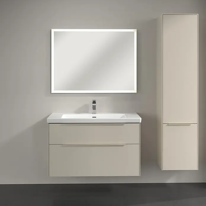 Villeroy & Boch Subway 3.0 Hochschrank - B x T x H: 40 x 36,2 x 171 cm, 2x Tür, Cashmere Grey, Farbe Griff: Cashmere Grey, DIN Anschlag: Rechts - Badezimmer-Set mit einem Unterschrank mit zwei Schubladen, Waschbecken, beleuchtetem Spiegel und einem passenden Hochschrank.