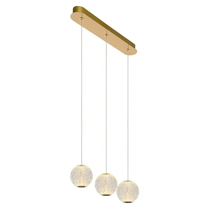 Lucide Cintra LED-Pendelleuchte rund - 4,7 W, L x B x H: 4 x 48 x 150 cm, Kristall, Anzahl Leuchtmittel: 3 Stk. - Eine stilvolle Pendelleuchte mit drei kristallförmigen Lampenschirmen, die von einer goldenen Halterung hängen. Das Design ist modern und elegant.