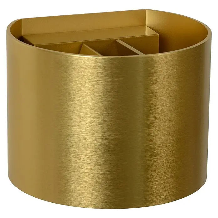 Lucide LED-Wandleuchte Xio - 3,5 W, L x B x H: 14 cm x 12 cm x 10,5 mm, Gold, Warmweiß - Ein goldener, zylinderförmiger Messerblock mit Fächern zur sicheren Aufbewahrung von Messern. Stilvoll und funktional für jede Küche.
