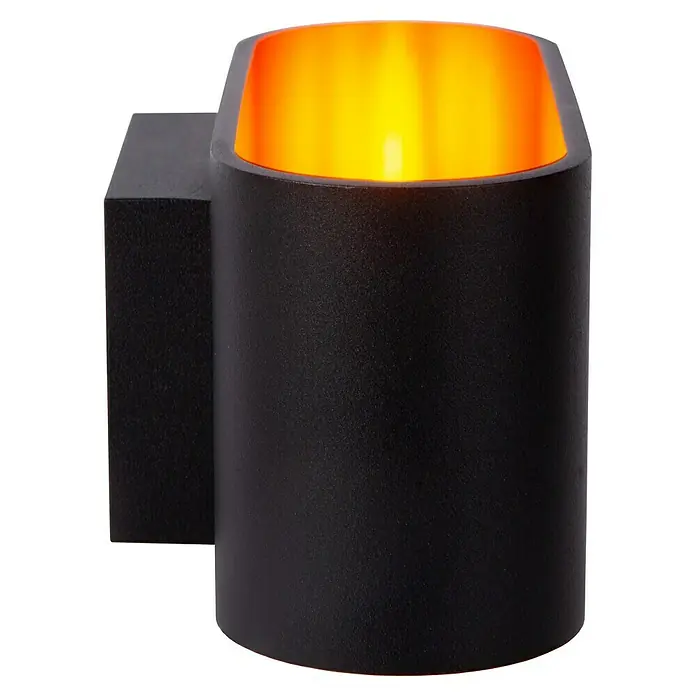 Lucide Wandleuchte Xera - 42 W, L x B x H: 17 x 9 x 9 cm, Schwarz, G9 - Eine moderne, schwarze Wandleuchte mit warmem, orangefarbenem Lichtschein. Perfekt für stimmungsvolle Beleuchtung im Außenbereich.