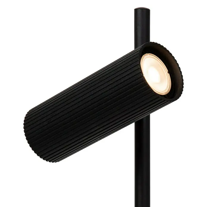 Lucide Clubs Tischleuchte - 40 W, L x B x H: 19,5 x 9 x 47 cm, Schwarz, GU10 - Nahaufnahme einer schwarzen Tubo-Leuchte mit Licht, befestigt an einem Stab, ideal für moderne Beleuchtungslösungen.
