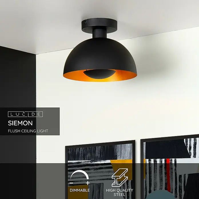 Lucide Siemon Deckenleuchte rund - 40 W, Ø x H: 25 x 18,5 cm, Schwarz/ Gold, E27 - Eine Lucide Siemon Deckenleuchte, ein stilvolles Beleuchtungselement in Schwarz und Gold, das jedem Raum eine moderne Note verleiht.