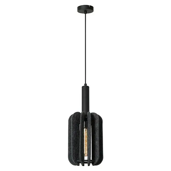 Lucide Rafal Pendelleuchte - 40 W, L x B x H: 27 x 10 x 183 cm, Grau, E27, Anzahl Leuchtmittel: 1 Stk. - Nahaufnahme einer modernen Pendelleuchte mit grauer Filzummantelung und Edison-Glühbirne, die ein warmes Licht ausstrahlt.