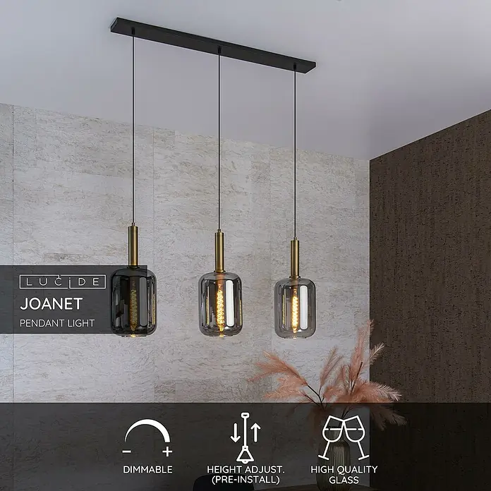 Lucide Pendelleuchte Joanet - 40 W, L x B x H: 110 x 22 x 150 cm, Rauchfarben, E27, Anzahl Leuchtmittel: 3 Stk. - Die moderne LUCIDE JOANET Pendelleuchte mit drei Glaskörpern sorgt für stilvolle Beleuchtung. Dimmbar & höhenverstellbar.