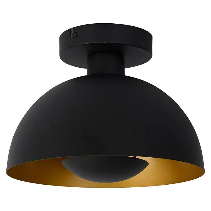 Lucide Siemon Deckenleuchte rund - 40 W, Ø x H: 25 x 18,5 cm, Schwarz/ Gold, E27 - Detailaufnahme einer eleganten, mattschwarzen Deckenleuchte mit goldenem Innenraum, die warmes Licht verspricht.