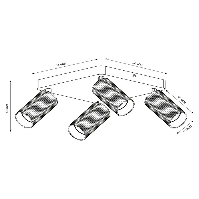 Lucide Clubs Deckenstrahler - 40 W, L x B x H: 28 x 24,5 x 11,5 cm, Schwarz, GU10 - Nahaufnahme einer Deckenleuchte mit vier zylindrischen Strahlern und Maßangaben. Modernes Design mit geriffelten Lampenschirmen und quadratischer Basis.