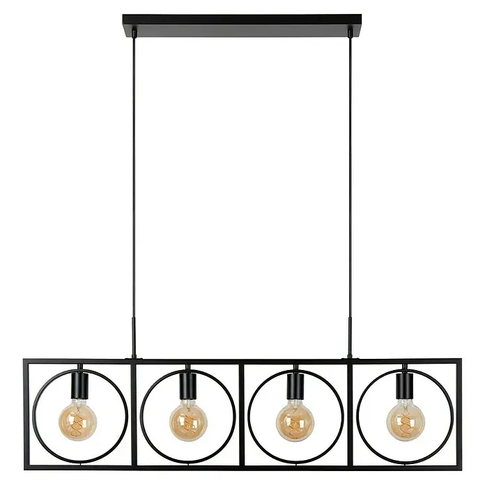 Lucide Pendelleuchte - 40 W, L x B x H: 107,8 x 28 x 9,5 cm, Schwarz, E27 - Moderne Pendelleuchte mit vier Edison-Glühbirnen in schwarzen Metallringen, hängt von einer schwarzen Deckenhalterung.