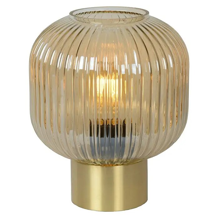 Lucide Maloto Tischleuchte - 40 W, L x B x H: 25 x 25 x 30 cm, Bernstein, E27 - Elegante Tischleuchte mit geripptem Glas und goldenem Sockel. Die Lampe spendet ein warmes, stimmungsvolles Licht und ist ein echter Hingucker.