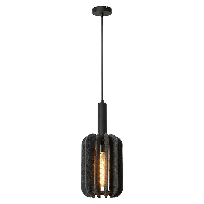 Lucide Rafal Pendelleuchte - 40 W, L x B x H: 27 x 10 x 183 cm, Grau, E27, Anzahl Leuchtmittel: 1 Stk. - Elegante Pendelleuchte mit einem Lampenschirm aus grauem Filz und einem warm leuchtenden Leuchtmittel, ideal für moderne Innenräume.