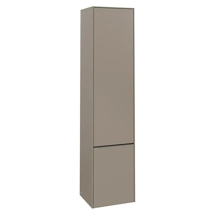Villeroy & Boch Subway 3.0 Hochschrank - B x T x H: 40 x 36,2 x 171 cm, 2x Tür, Taupe, Farbe Griff: Taupe, DIN Anschlag: Rechts - Nahaufnahme eines modernen, hohen Küchenschranks in einem eleganten Taupe-Ton, der stilvolles Design und Funktionalität vereint.