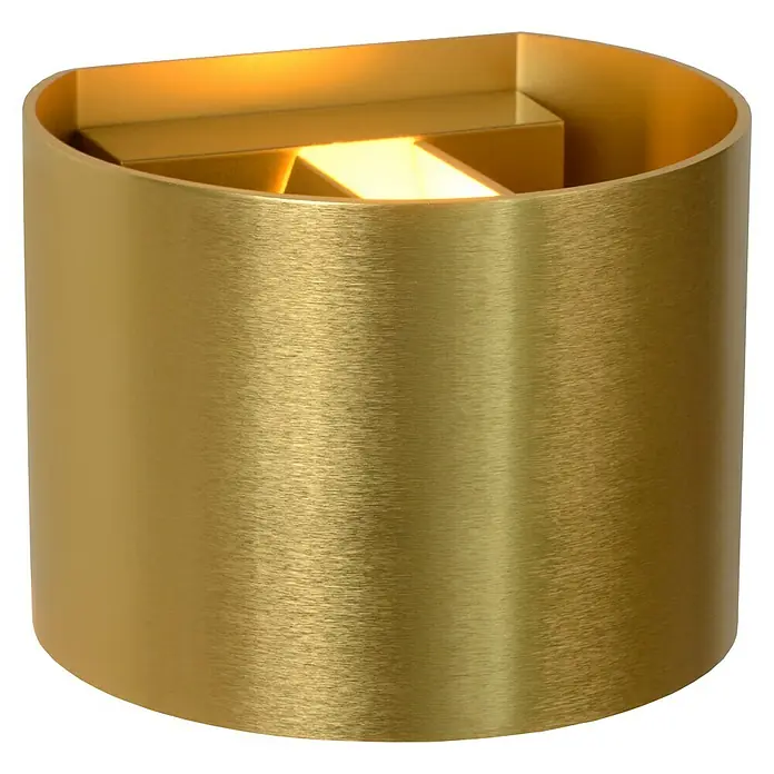 Lucide LED-Wandleuchte Xio - 3,5 W, L x B x H: 14 cm x 12 cm x 10,5 mm, Gold, Warmweiß - Nahaufnahme einer modernen, goldenen Wandleuchte, die ein warmes Licht ausstrahlt und eine elegante Atmosphäre schafft.