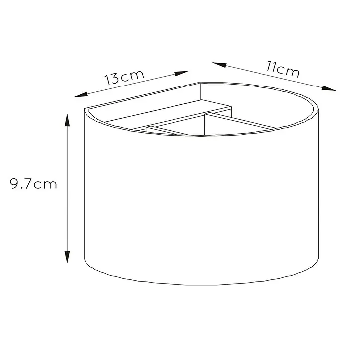 Lucide LED-Wandleuchte Xio - 3,5 W, L x B x H: 14 cm x 12 cm x 10,5 mm, Gold, Warmweiß - Schemazeichnung eines zylindrischen Wandregals mit den Maßen 13 cm x 11 cm und einer Höhe von 9,7 cm.