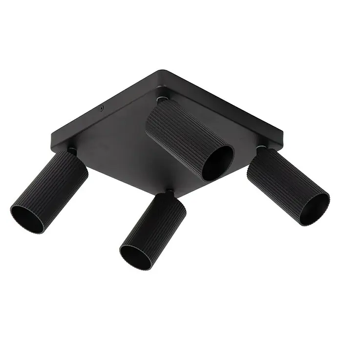 Lucide Clubs Deckenstrahler - 40 W, L x B x H: 28 x 24,5 x 11,5 cm, Schwarz, GU10 - Quadratische schwarze Deckenleuchte mit vier zylindrischen Strahlern. Elegantes Design für moderne Innenräume, ideal für gezielte Beleuchtung.