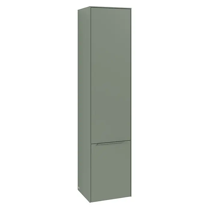 Villeroy & Boch Subway 3.0 Hochschrank - B x T x H: 40 x 36,2 x 171 cm, 2x Tür, Soft Green, Farbe Griff: Soft Green, DIN Anschlag: Rechts - Ein schlanker, hoher Badezimmerschrank in einem sanften Grünton mit einem minimalistischen Griff, der moderne Eleganz ausstrahlt.
