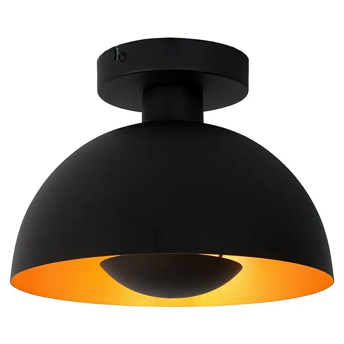 Lucide Siemon Deckenleuchte rund - 40 W, Ø x H: 25 x 18,5 cm, Schwarz/ Gold, E27 - Nahaufnahme einer schwarzen, halbkugelförmigen Deckenleuchte mit goldener Innenseite, die warmes Licht abstrahlt.
