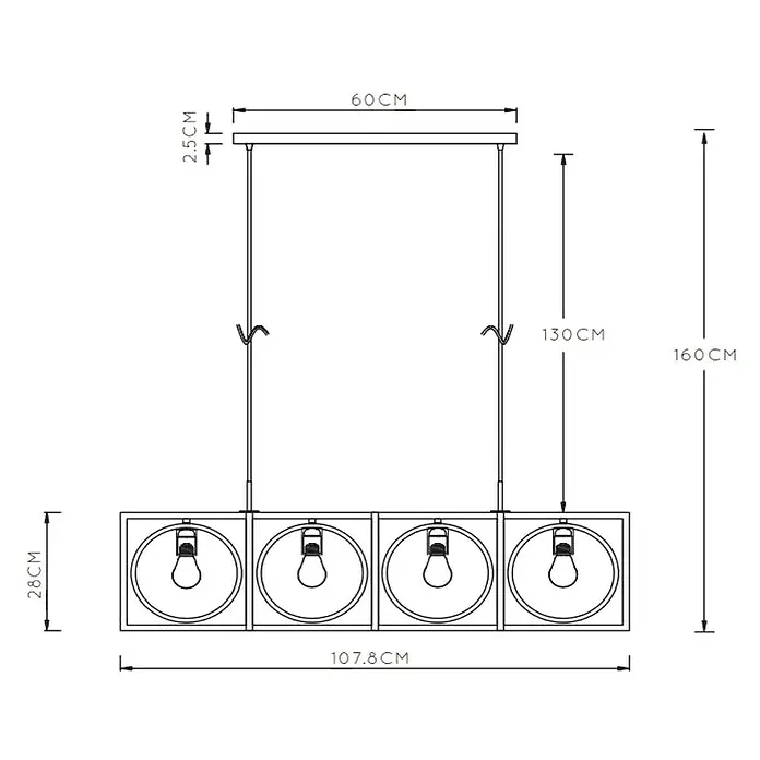 Lucide Pendelleuchte - 40 W, L x B x H: 107,8 x 28 x 9,5 cm, Schwarz, E27 - Technische Zeichnung der Hängeleuchte mit Maßen für Höhe, Breite und Tiefe.