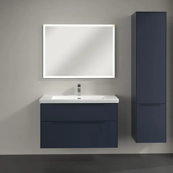 Villeroy & Boch Subway 3.0 Hochschrank - B x T x H: 40 x 36,2 x 171 cm, 2x Tür, Marine Blue, Farbe Griff: Marine Blue, DIN Anschlag: Rechts - Elegantes Badezimmer-Set mit Unterschrank, Waschtisch und beleuchtetem Spiegel in stilvollem Design. Praktischer Hochschrank für zusätzlichen Stauraum.